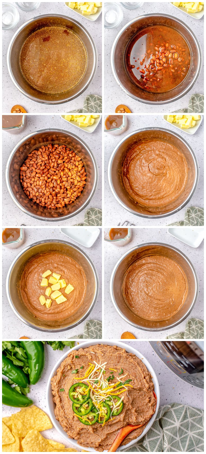 A picture collage showing Instant Pot Refried Beans.