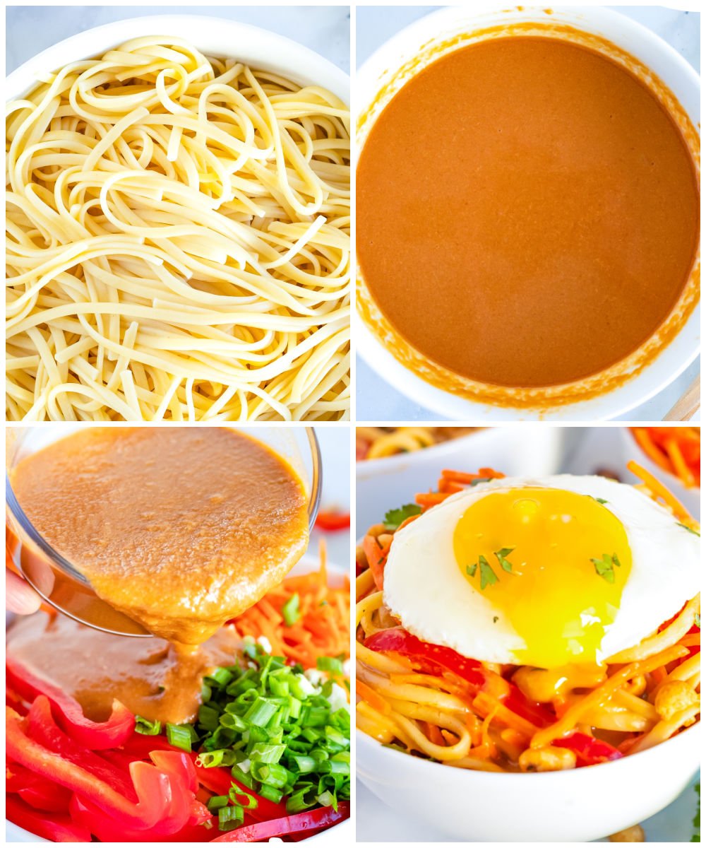 A picture collage showing how to make this Thai Peanut Noodles recipe.
