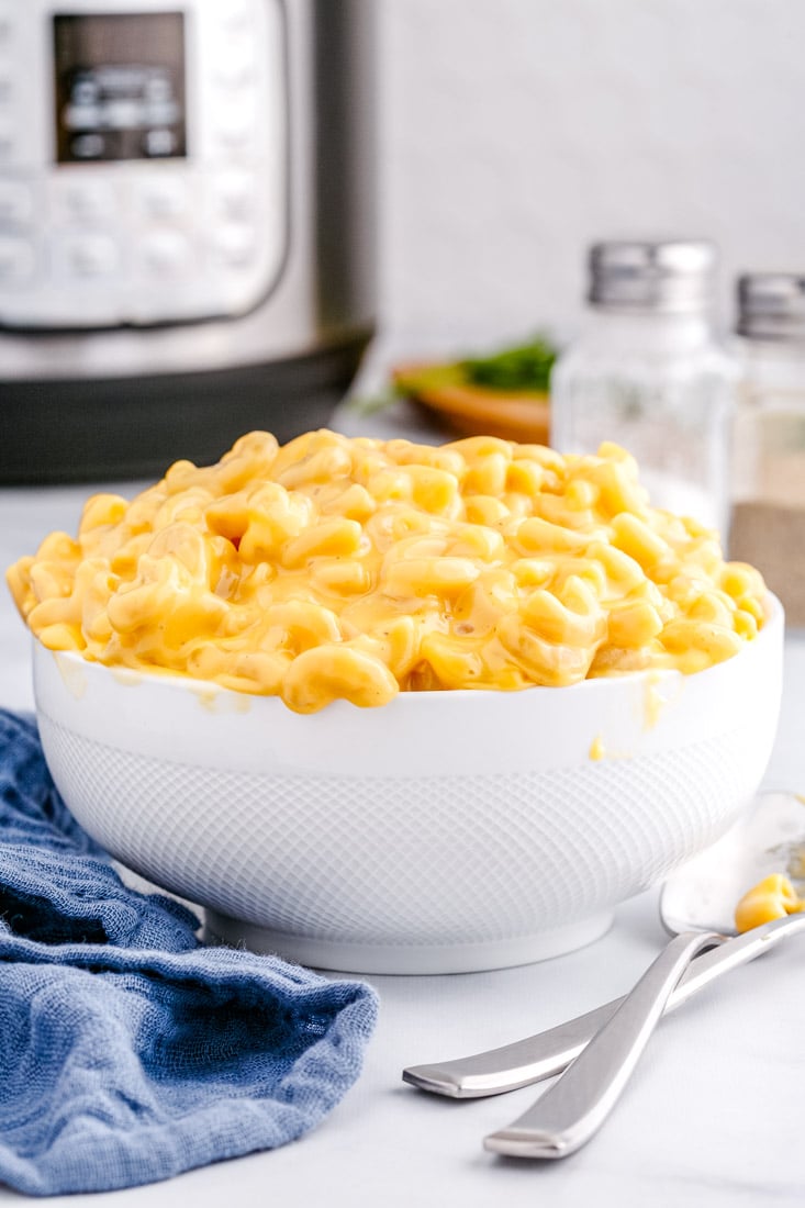 The finished Instant Pot Velveeta Mac and Cheese in a white serving bowl. 