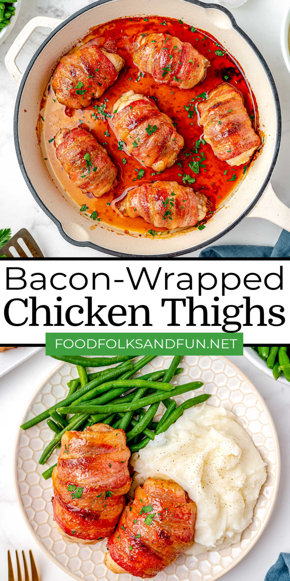 These Bacon Wrapped Chicken Thighs are guaranteed to get rave reviews and recipe requests. They’re juicy on the inside and wrapped in tasty brown sugar-coated bacon on the outside! via @foodfolksandfun