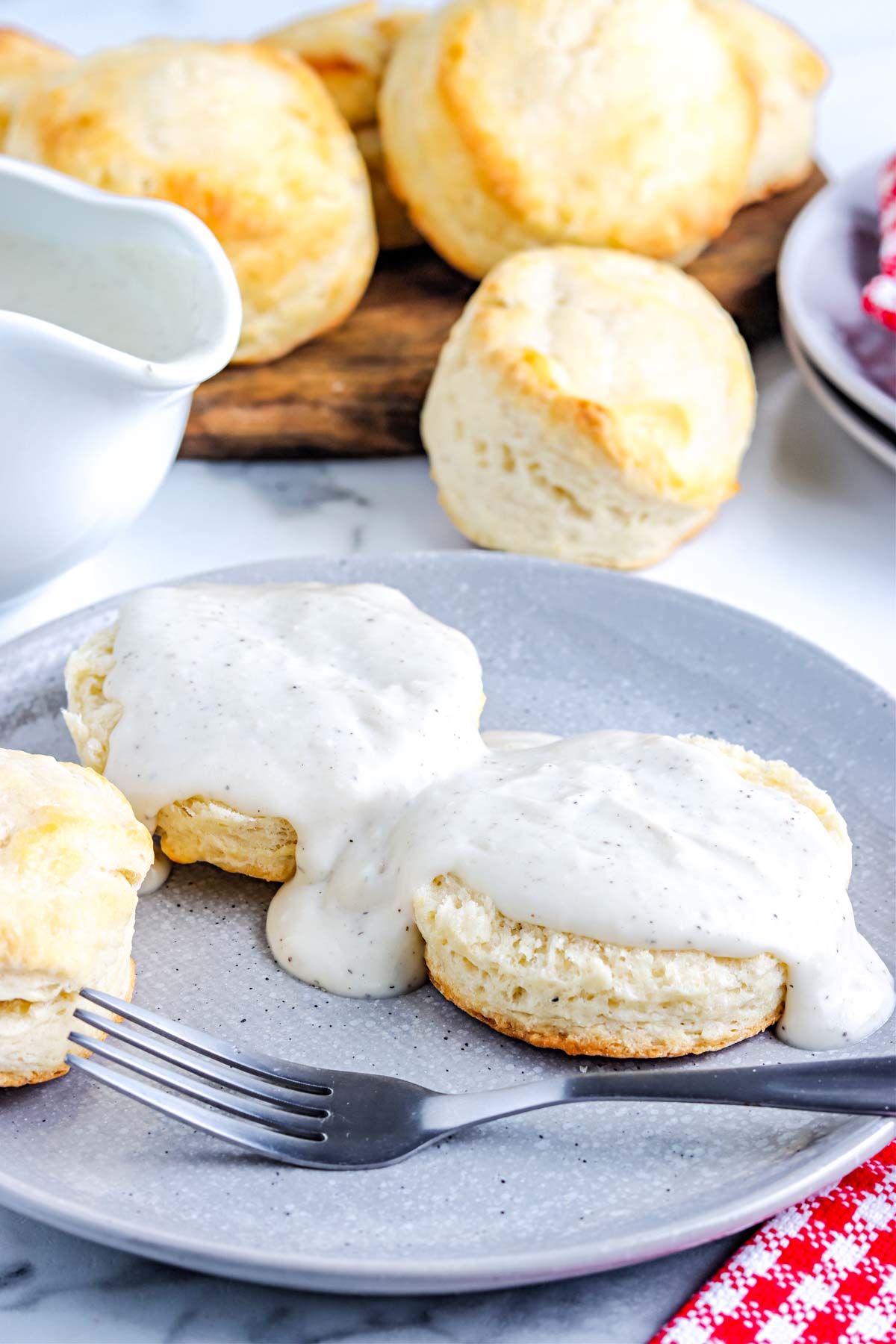 Country white gravy poured over split buttermilk biscuits. 