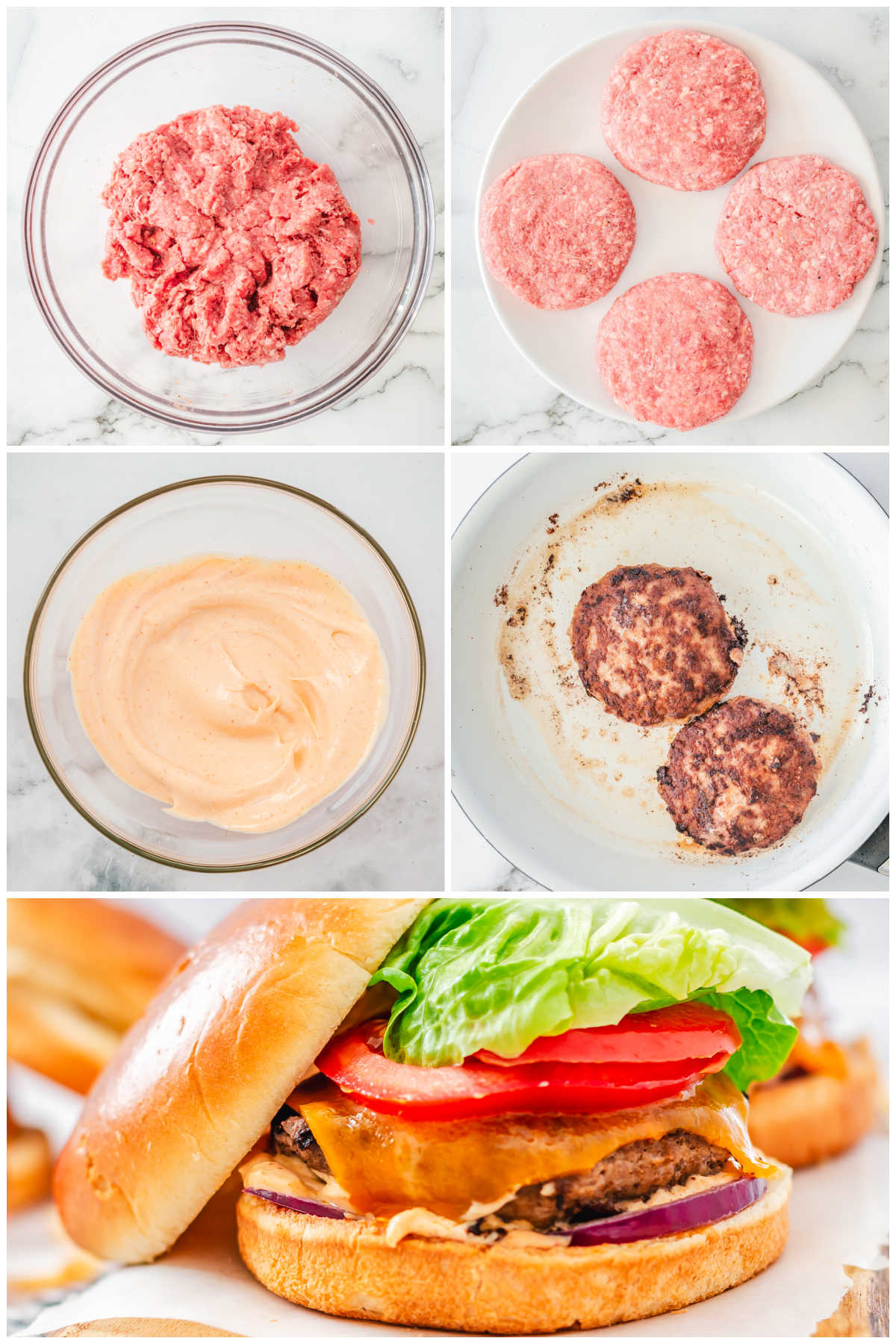 A picture collage showing how to make and how long to cook burgers on the stovetop.