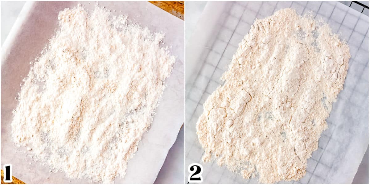 A picture collage showing the flour before and after it's heat-treated.
