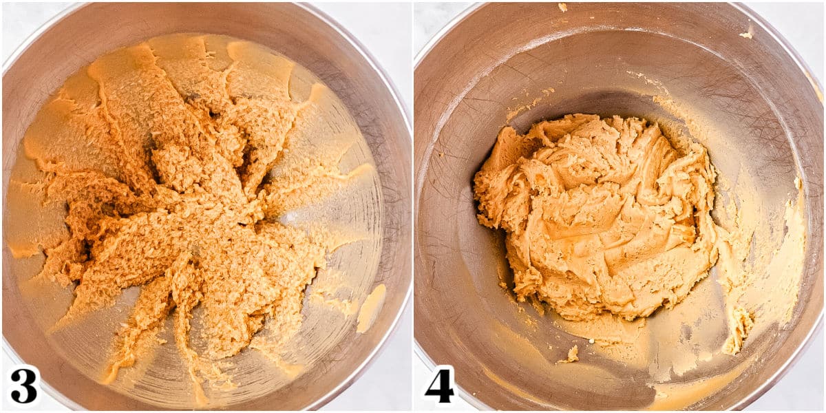 The wet ingredients mixed ina bowl of a stand mixer.