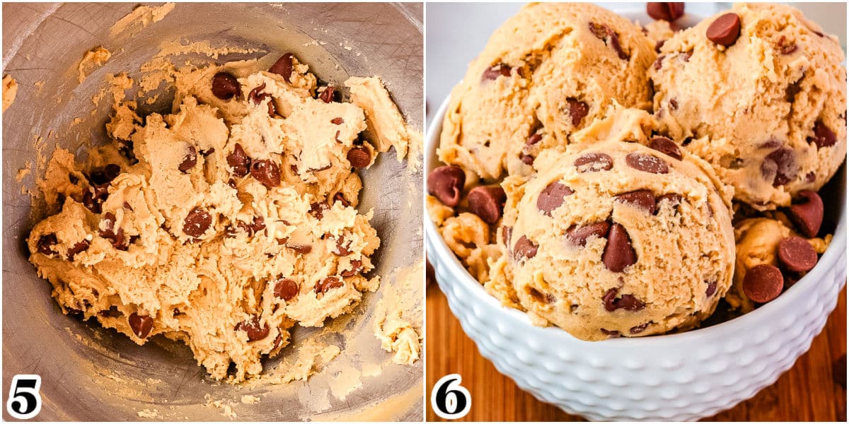 The cookie dough with chocolate chips added to it and scooped into a bowl.