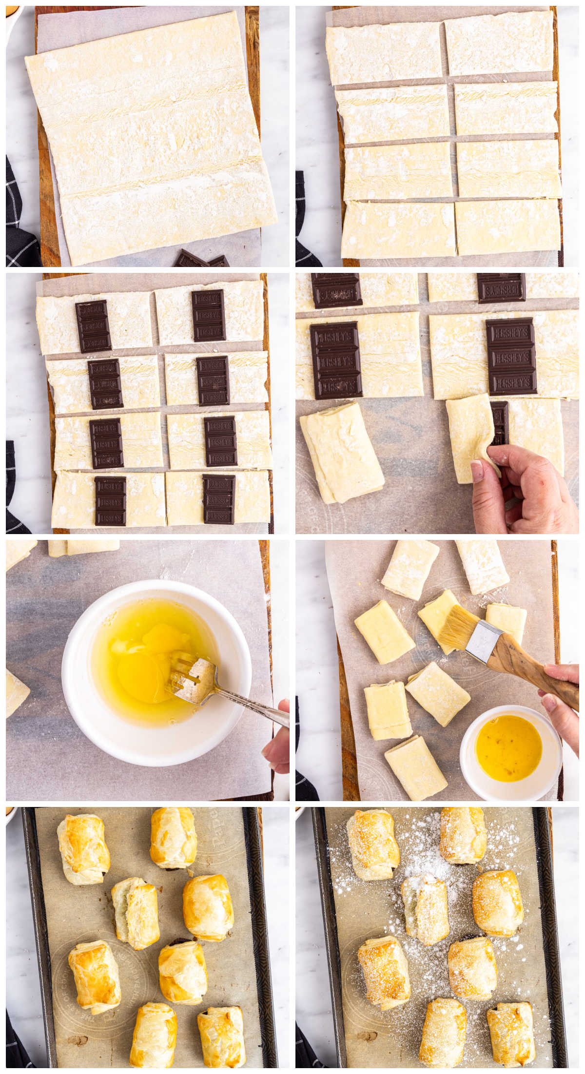 A picture collage showing How To Make Chocolate Croissants With Puff Pastry.