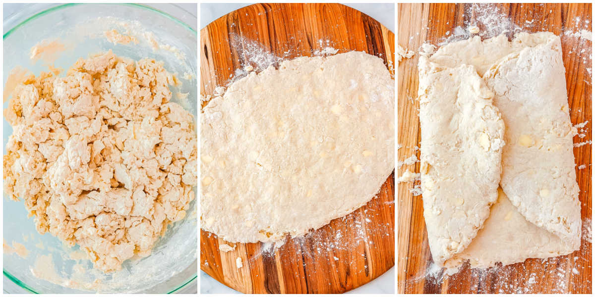 The dough mixed in a bowl and rolled out on a work surface.
