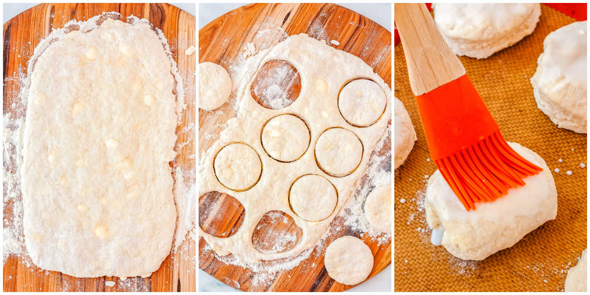 The biscuit dough rolled out, but into rounds, and then brushed with buttermilk.