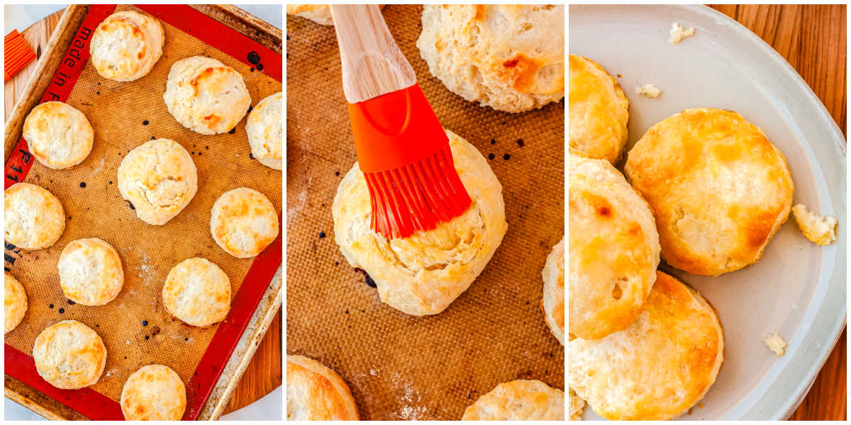 The baked biscuits on a baking sheet and then brushed with butter.