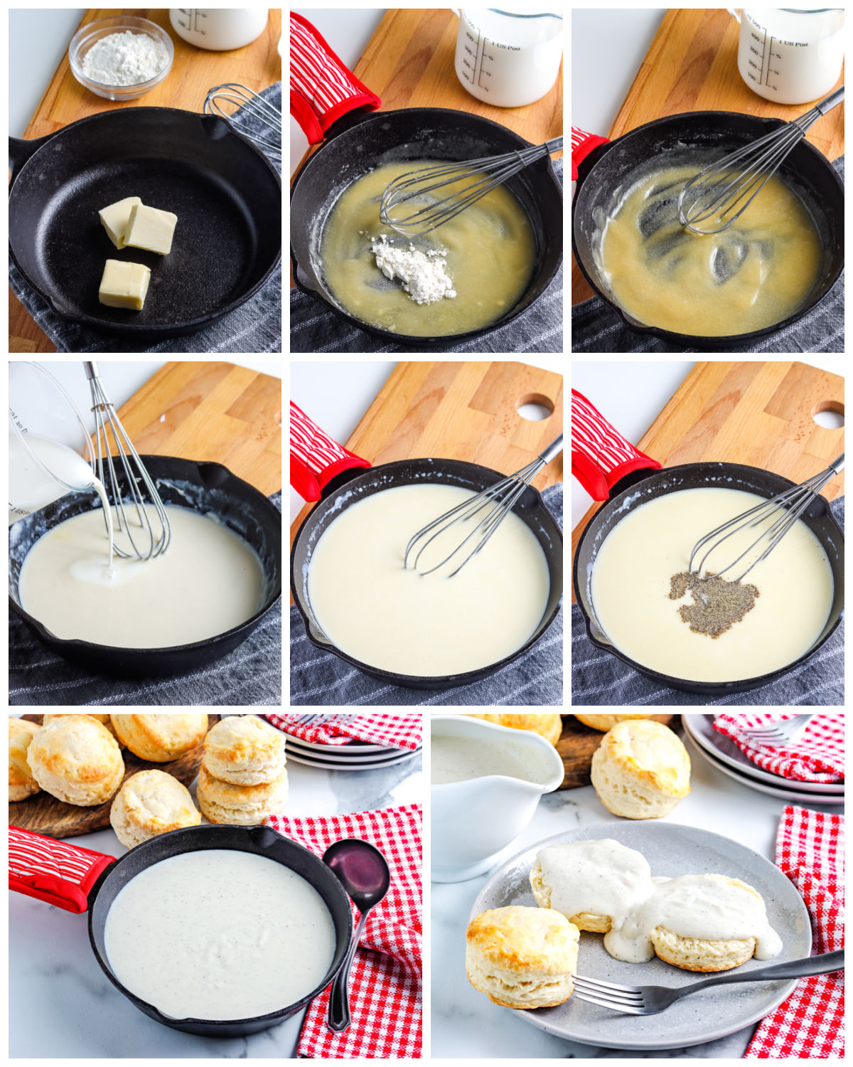 A picture collage showing how to make white gravy.
