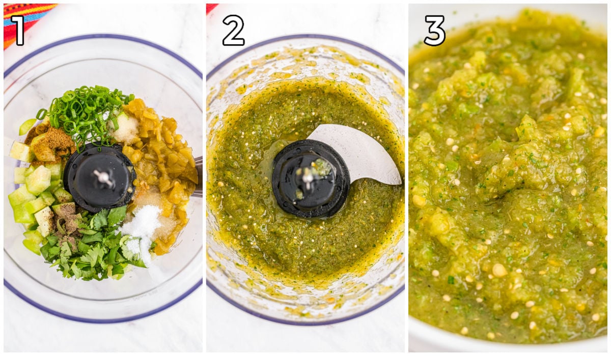 A picture collage showing how to make Salsa Verde.