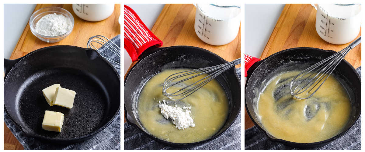 The butter melted in a pan and the flour added to make a roux.