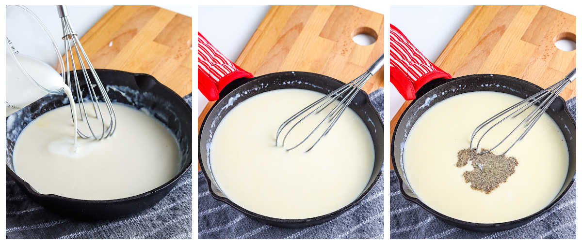 Milk whisked into the roux, simmered until thick, and then seasones.