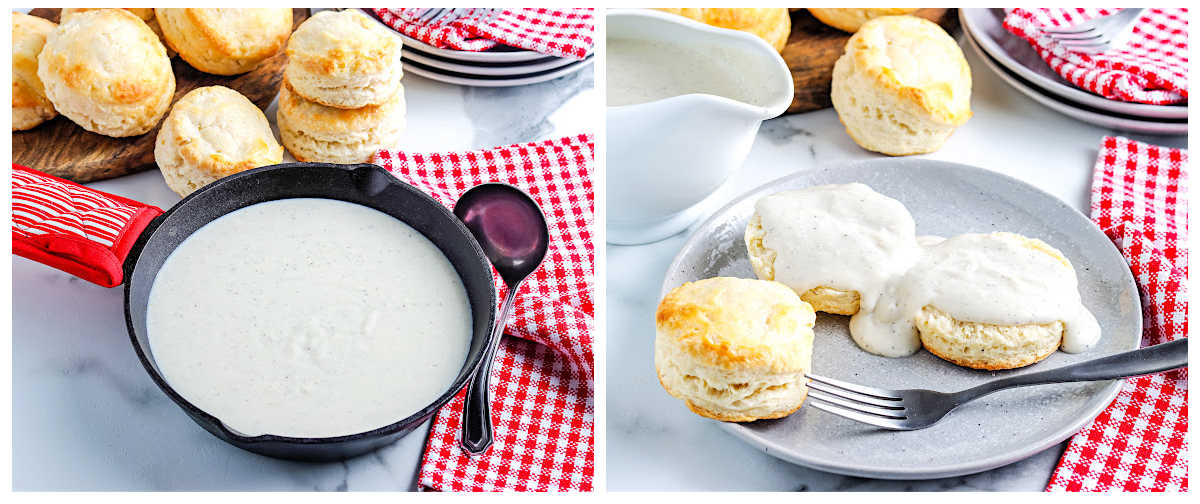 The white gravy in a cast iron pan and then poured over buttermilk biscuits.