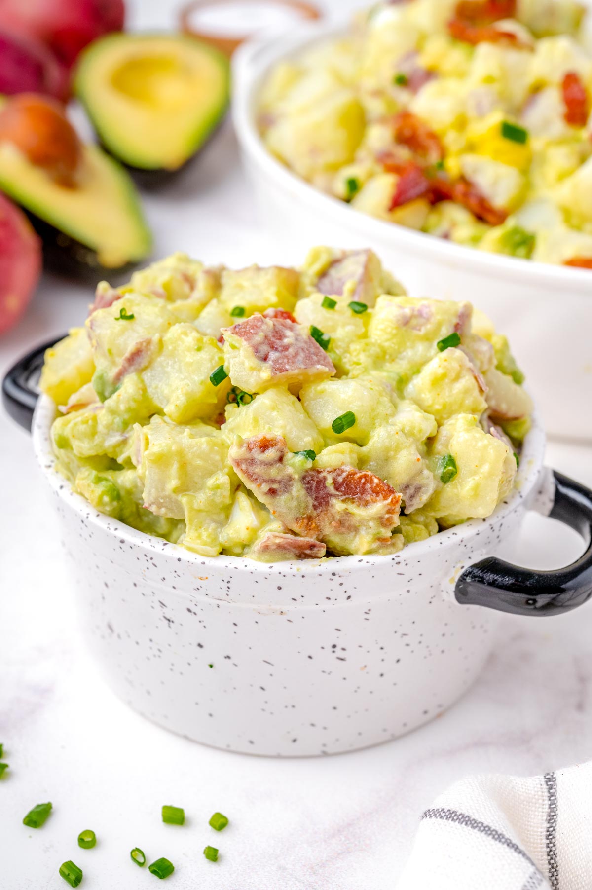 The finished Avocado Potato Salad WIth Bacon in a serving bowl.