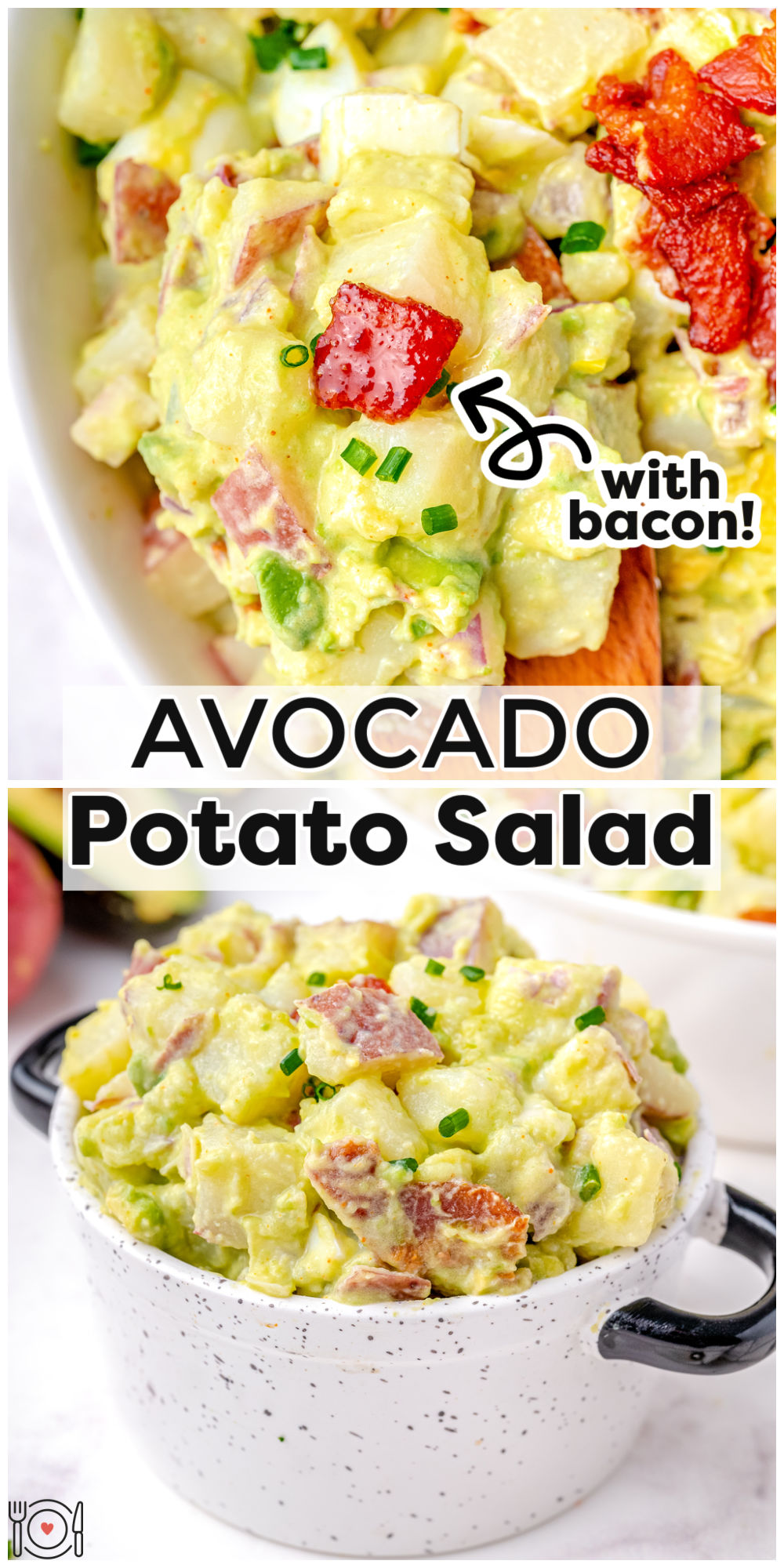 Avocado Potato Salad is a new take on potato salad. Ditch the mayo, replace it with avocado, and top with lots of crispy bacon! via @foodfolksandfun