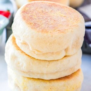 A close up picture of a stack of English Muffins.