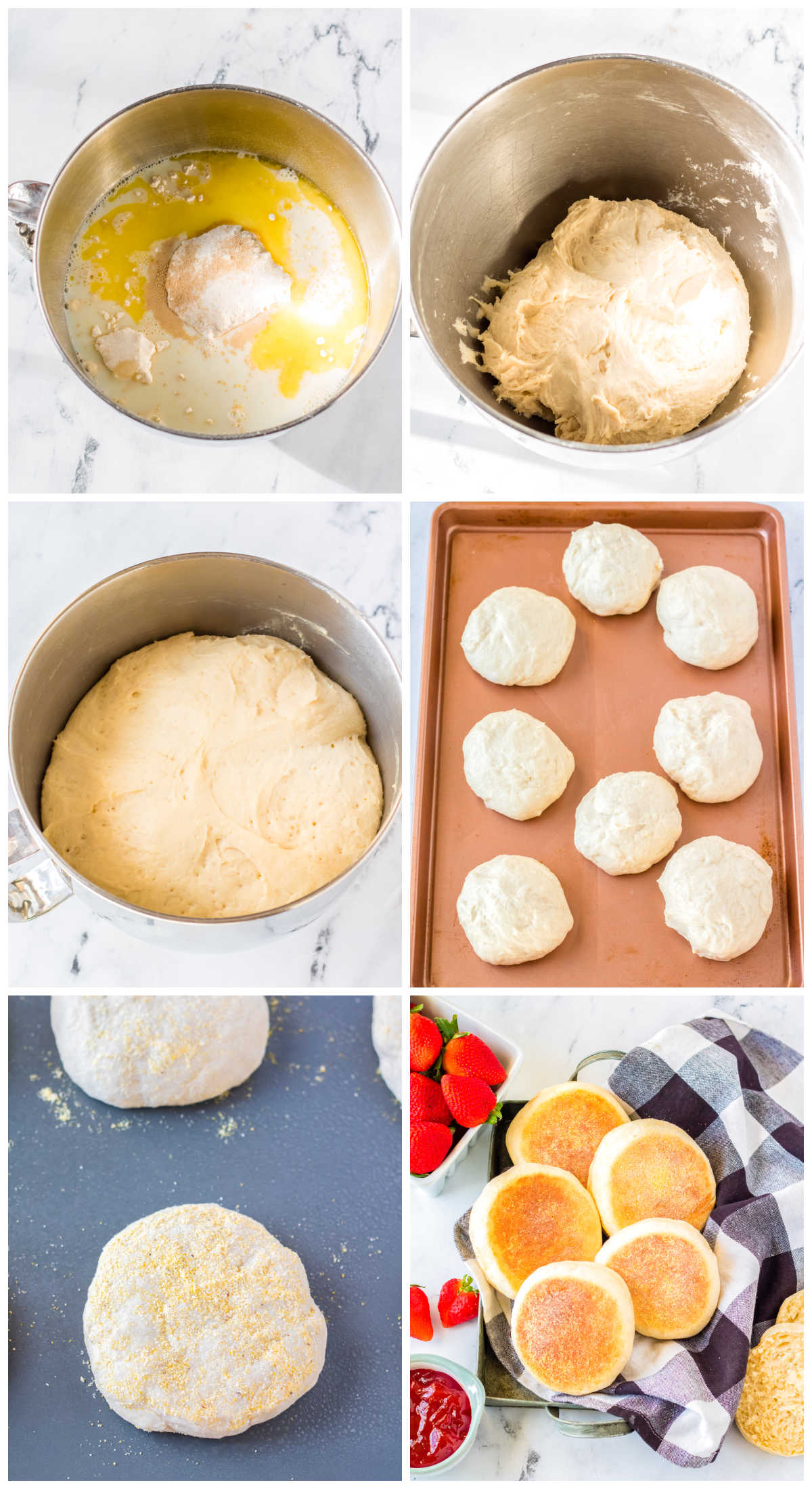 A picture collage showing how to make Homemade English Muffins.