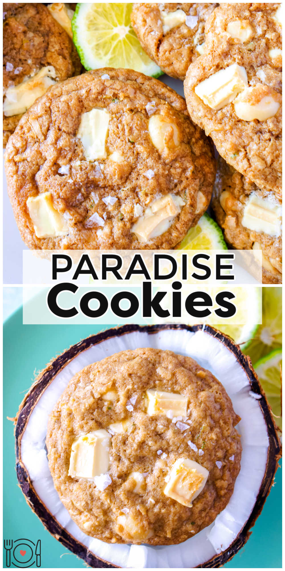 Paradise Cookies are loaded with white chocolate, macadamia nuts, coconut, lime zest, and a sprinkling of sea salt. If there was ever a cookie to eat in paradise, these would be it! via @foodfolksandfun