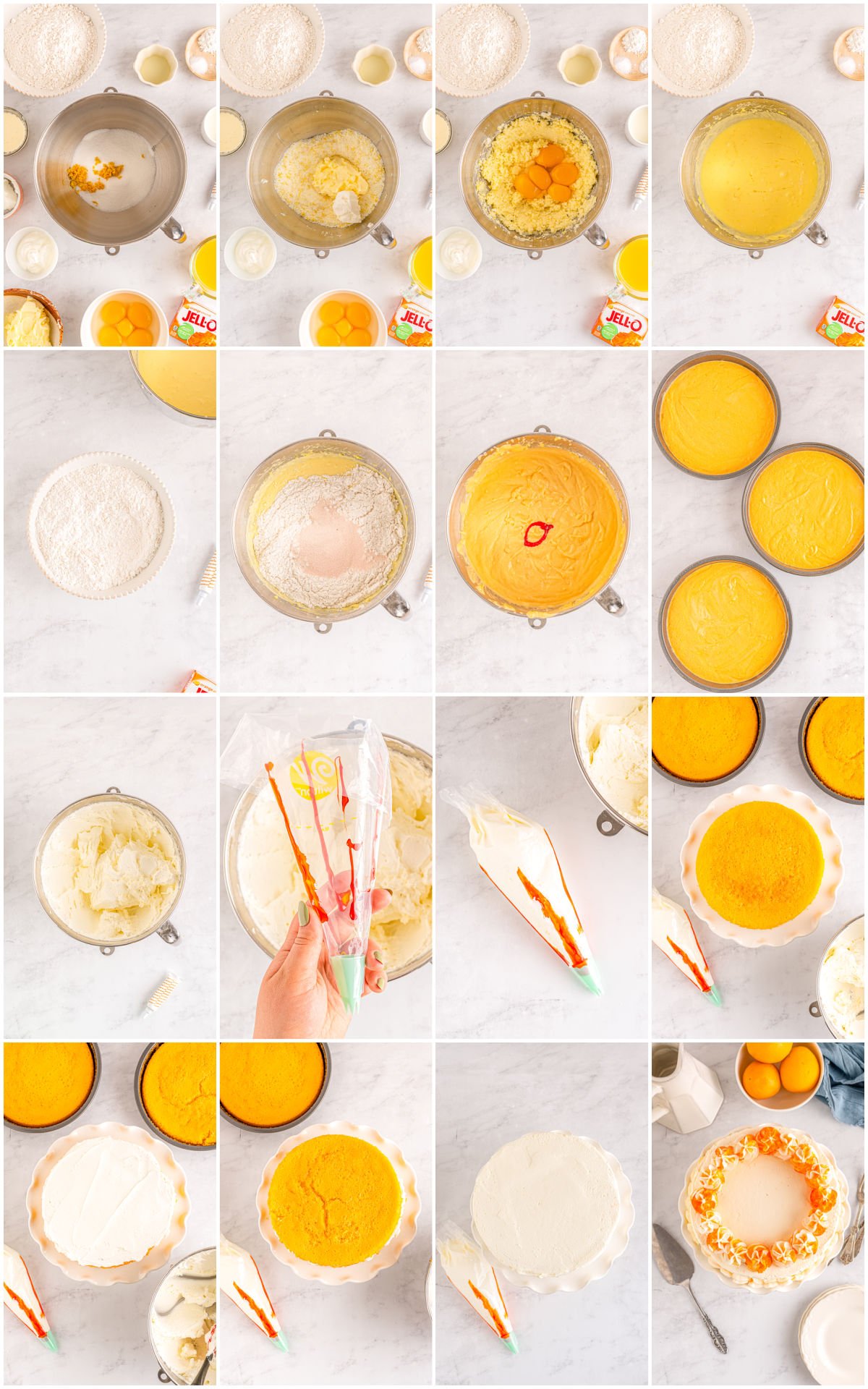 A picture collage showing how to make this amazing Orange Creamsicle Cake recipe.