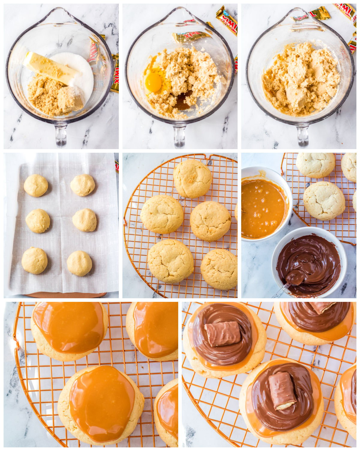 A picture collage showing how to make this Twix Cookies recipe.