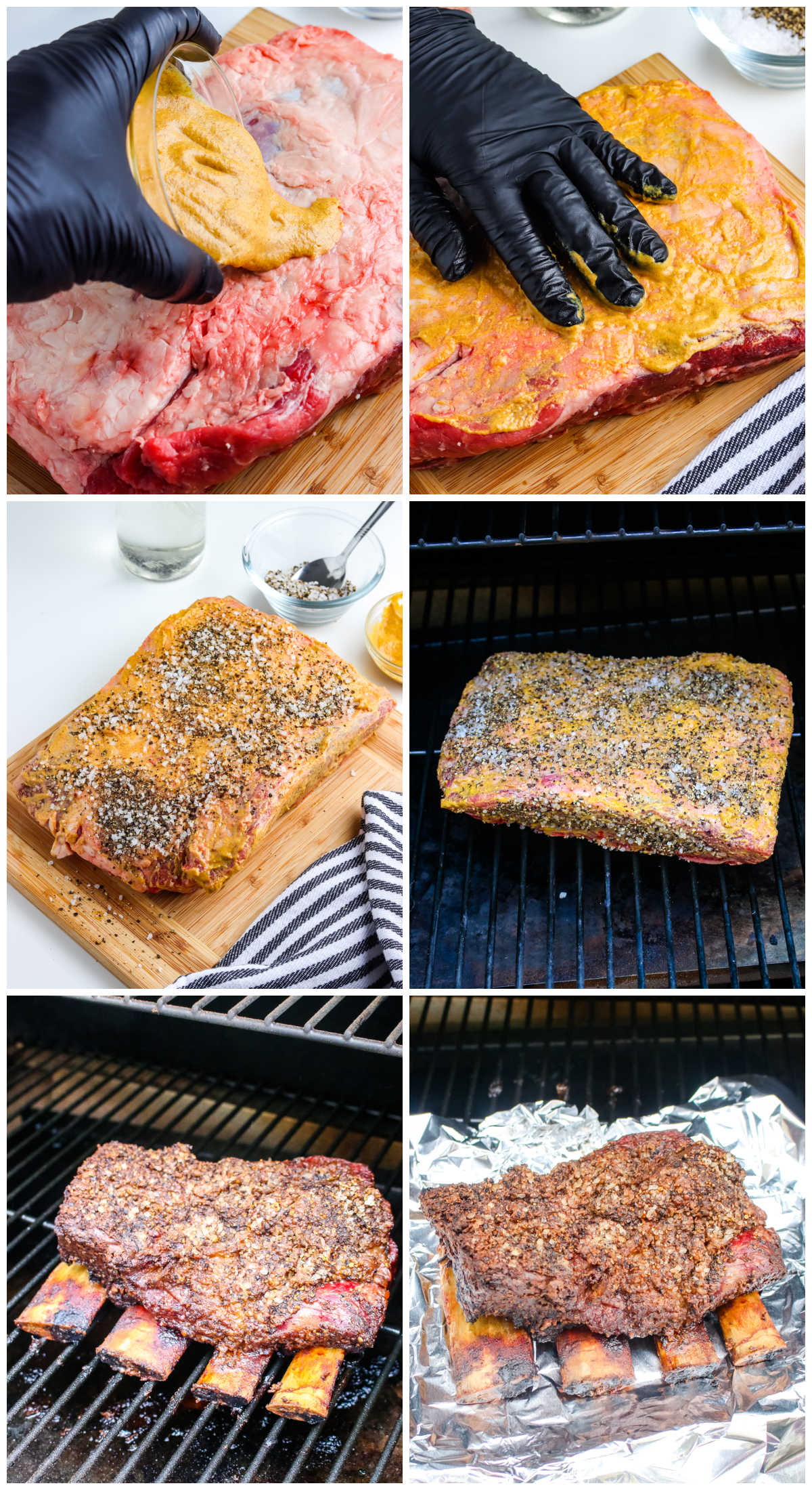 A picture collage showing how to smoke beef ribs.