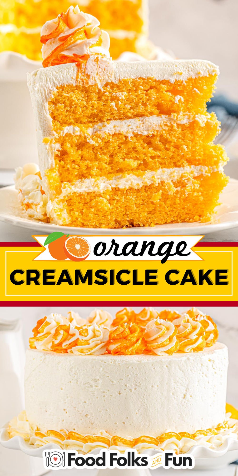 This Orange Creamsicle Cake has fluffy, bouncy, moist layers of orange cake. It’s layered with a creamy, rich, thick buttercream frosting and bursting with zesty orange flavor. via @foodfolksandfun