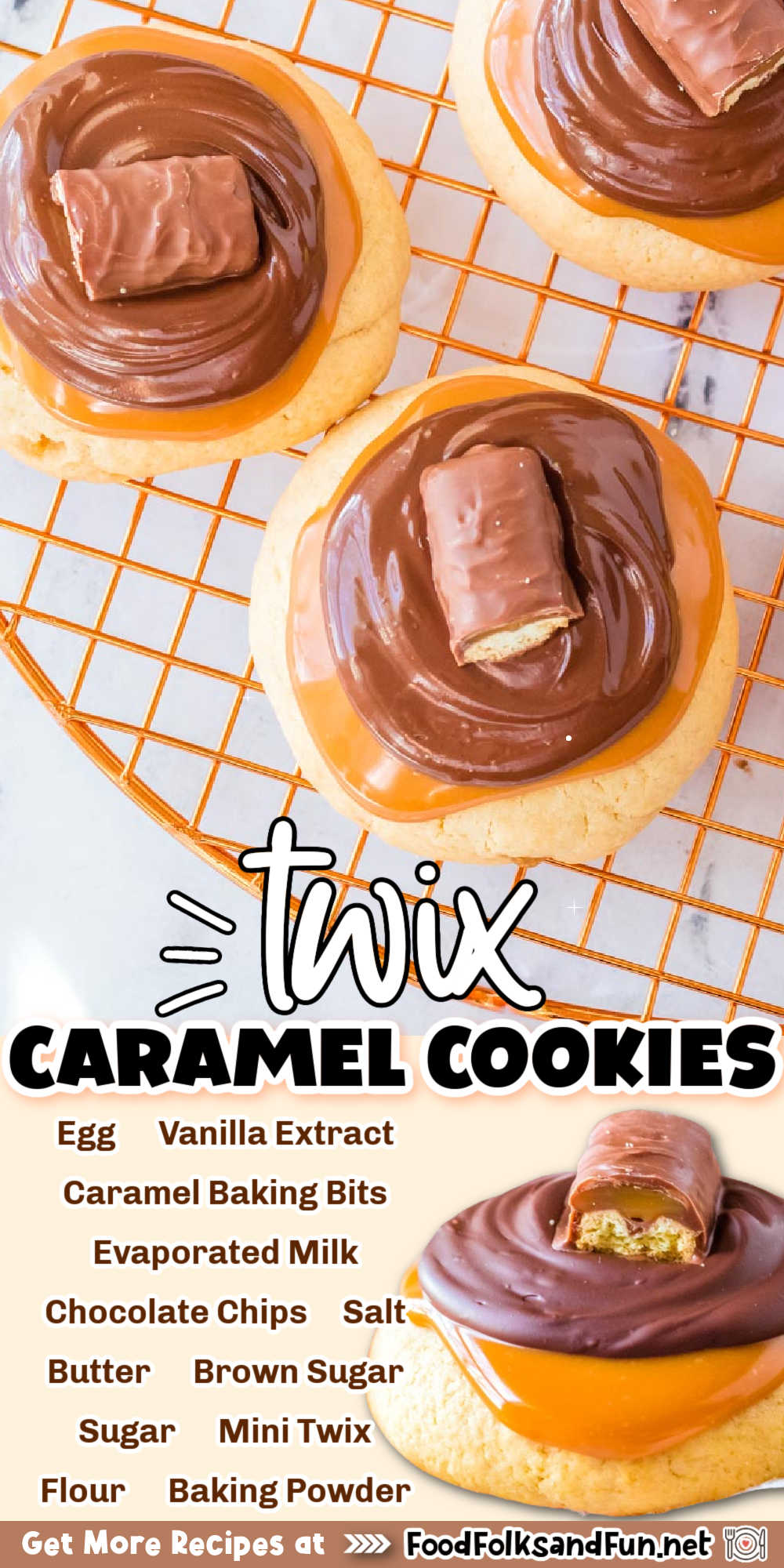 These Twix Cookies have a tender sugar cookie base and are covered in caramel and melted chocolate and topped with candy bar pieces. via @foodfolksandfun