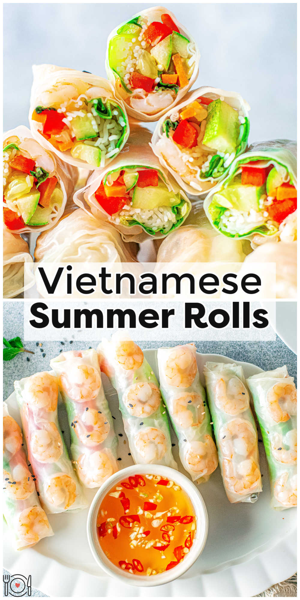 Vietnamese Summer Rolls are a fresh and healthy appetizer or light lunch that is made with shrimp, rice paper, noodles, lettuce, bell pepper, carrot, and cucumber. via @foodfolksandfun