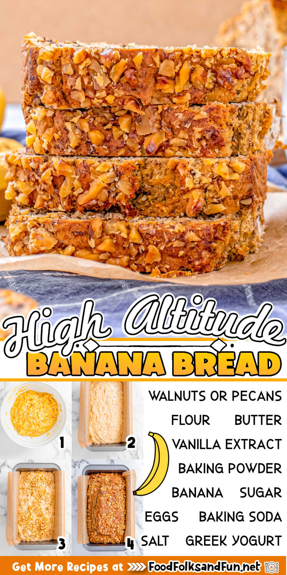 This High Altitude Banana Bread Recipe is perfect for people that live 3,000+ feet above sea level. It’s moist, delicious, and bakes up perfectly every time! via @foodfolksandfun