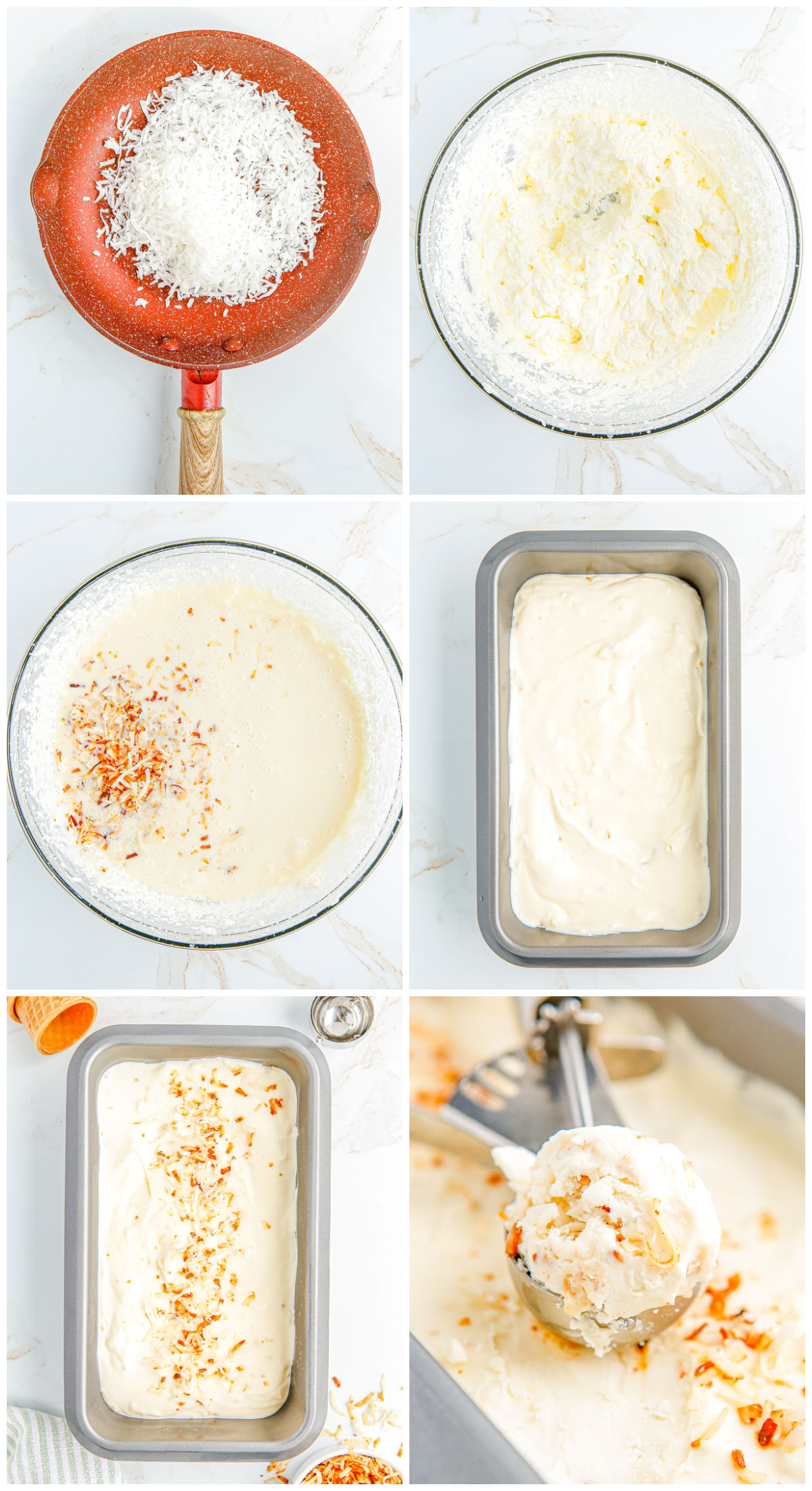 A picture collage showing how to make this Toasted Coconut Ice Cream recipe.