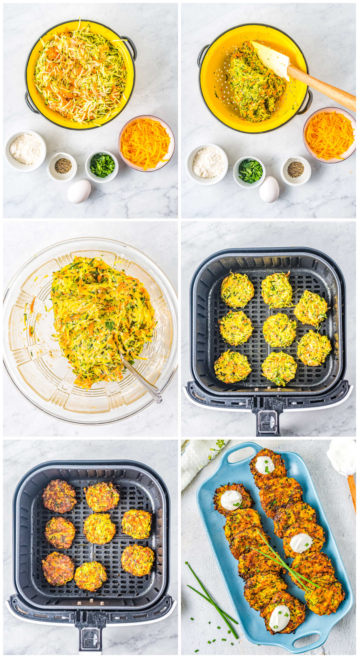 A picture collage show how to make Zucchini Fritters.