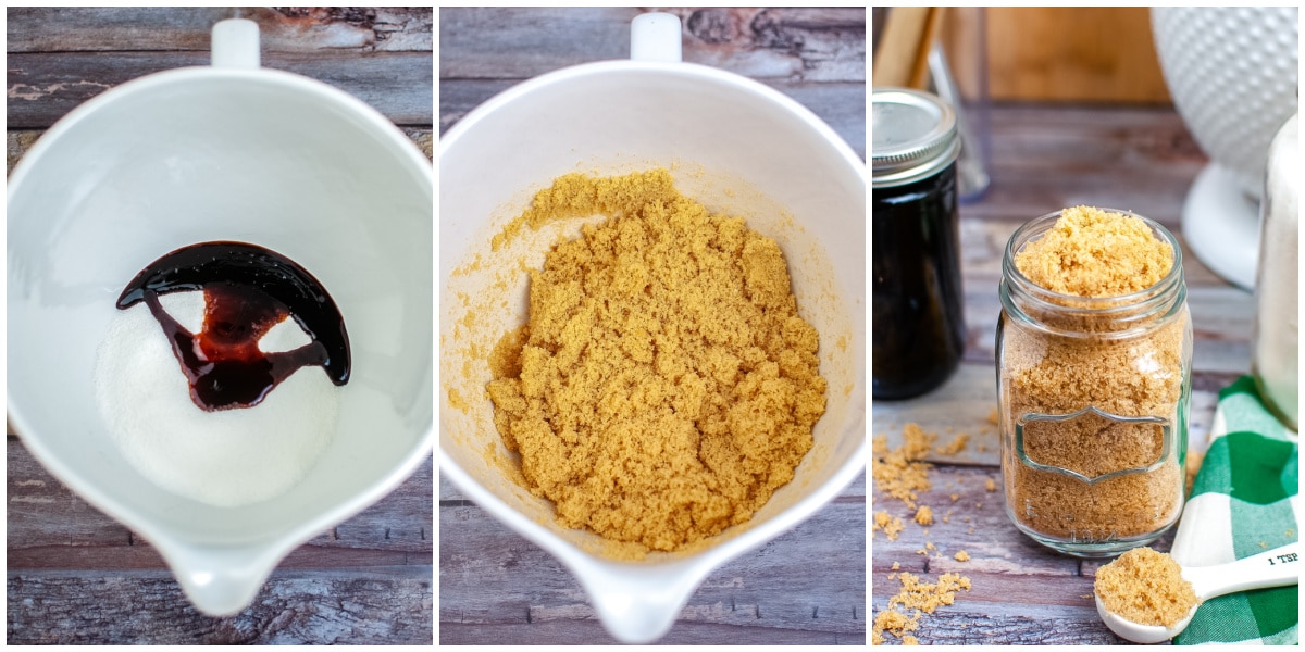 A picture collage showing how to make homemade brown sugar.
