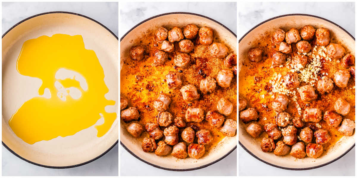 The sausage and garlic cooked in a deep pan.