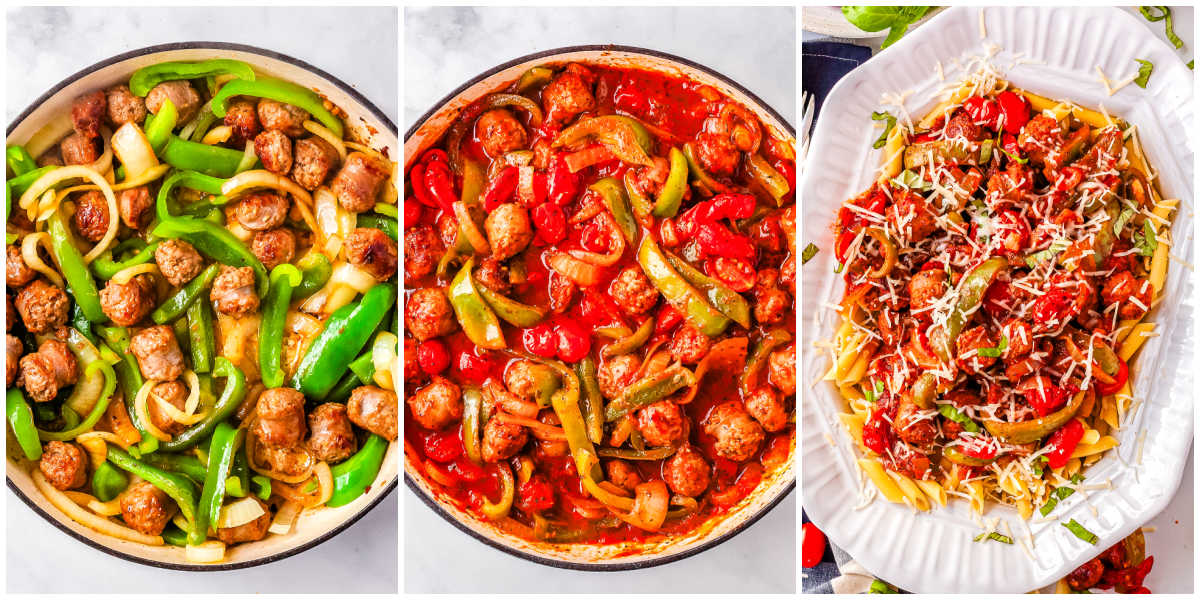 The peppers, onions, tomatoes, and sauce cooked in a deep pan.