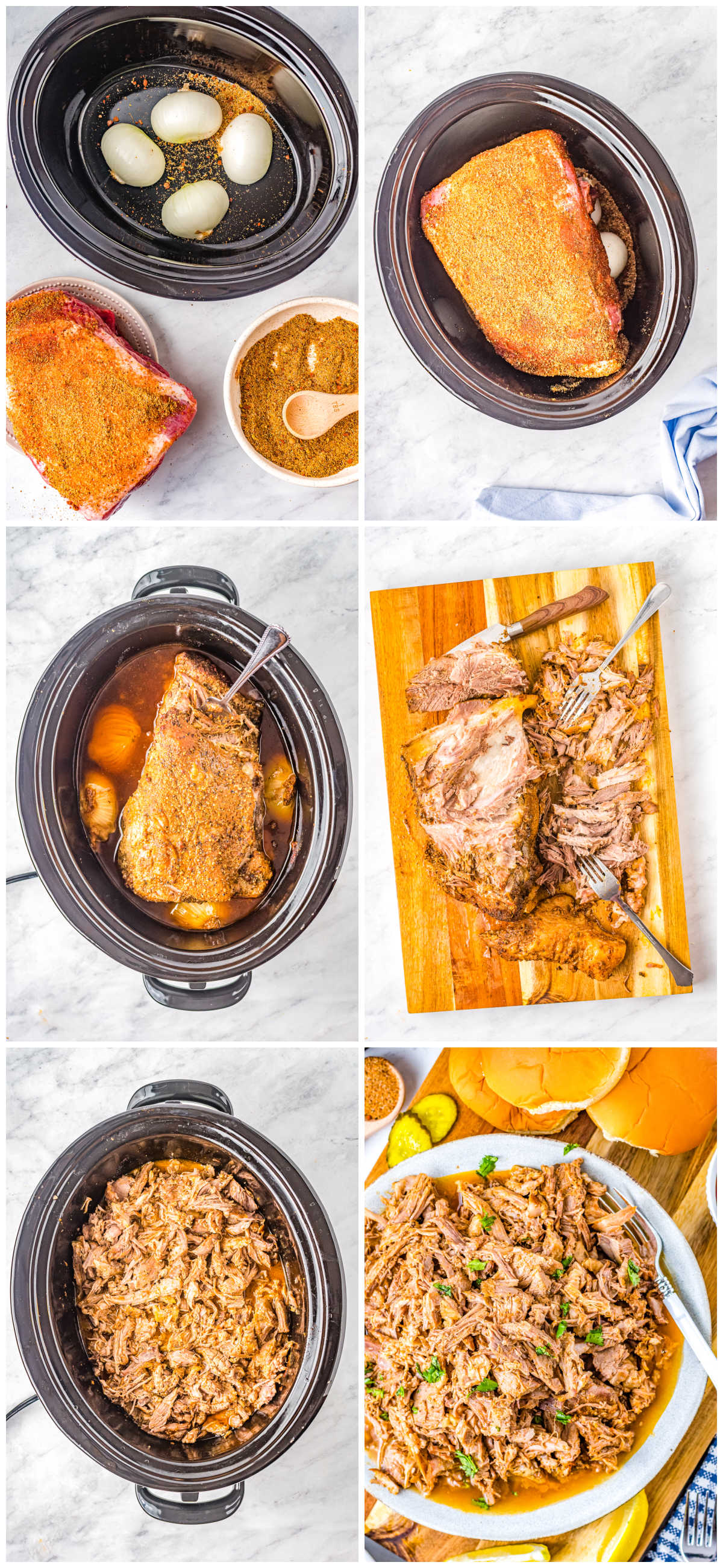 A picture collage showing how to make this Slow Cooker Pulled Pork recipe.