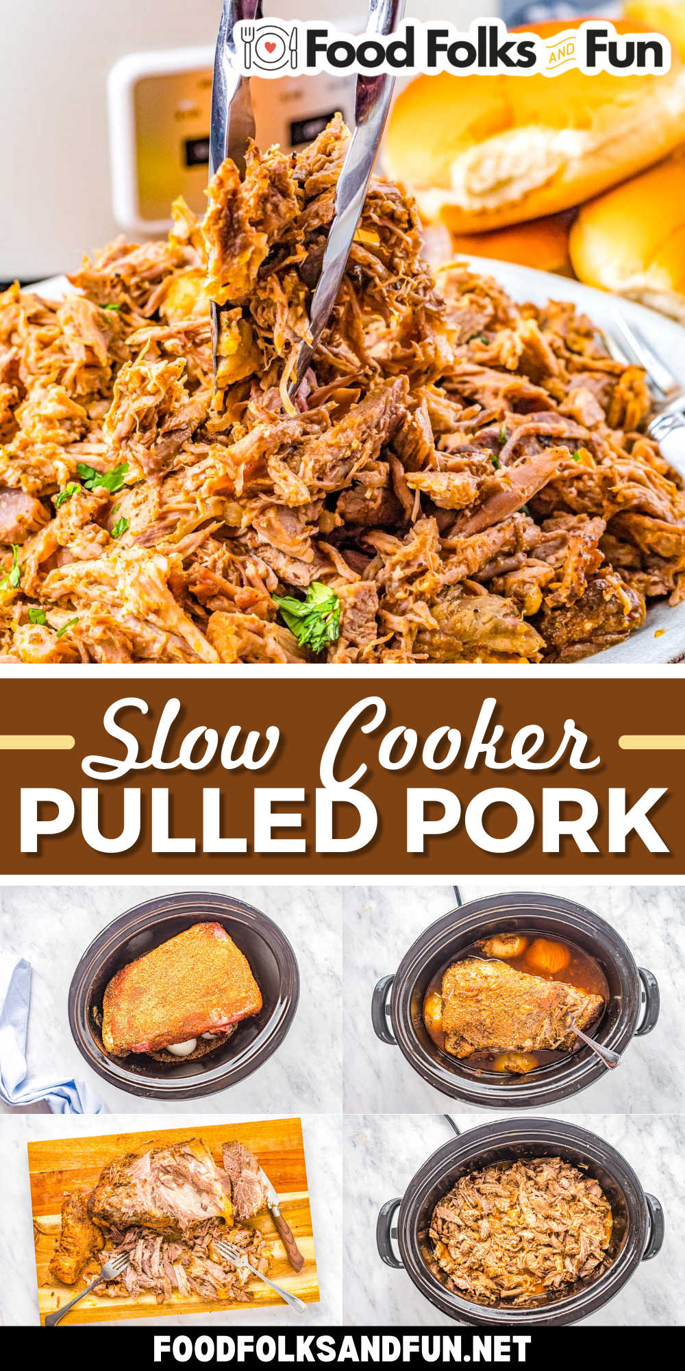 Slow Cooker Pulled Pork couldn’t get easier than this recipe. First, season it up and let it cook. Then shred it and serve it with your favorite side dishes or make it into tacos or sandwiches! via @foodfolksandfun