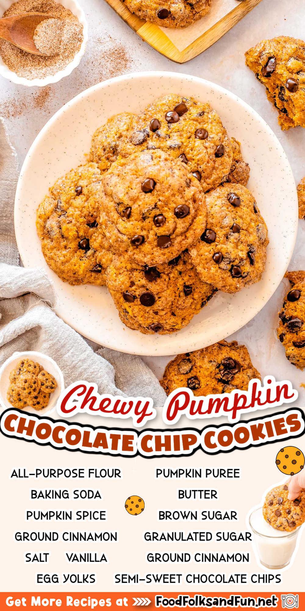 These Chewy Pumpkin Chocolate Chip Cookies are chewy and crisp on the outside. They're perfectly spiced and will soon become your favorite Fall cookie. via @foodfolksandfun
