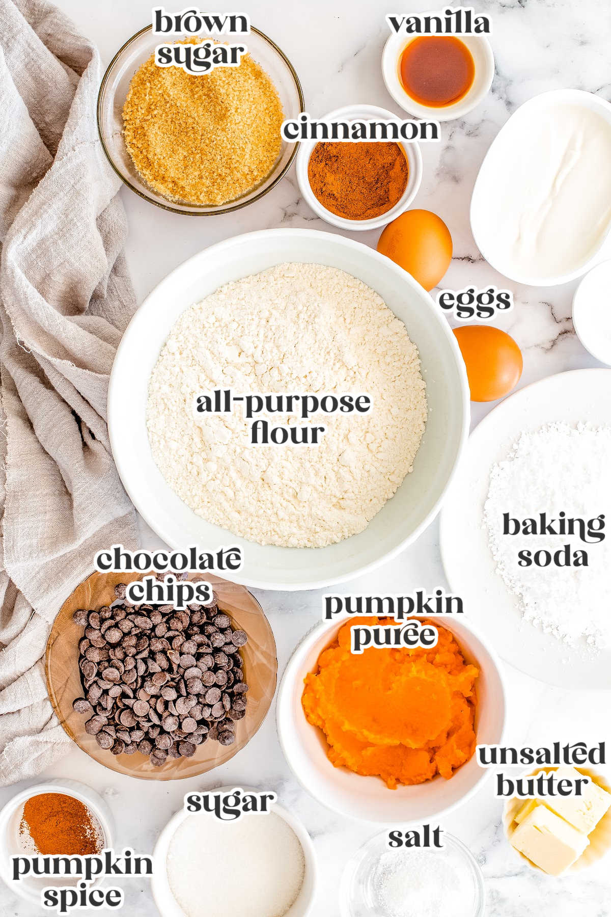 The ingredients for this recipe with text overlay labeling each ingredient. 