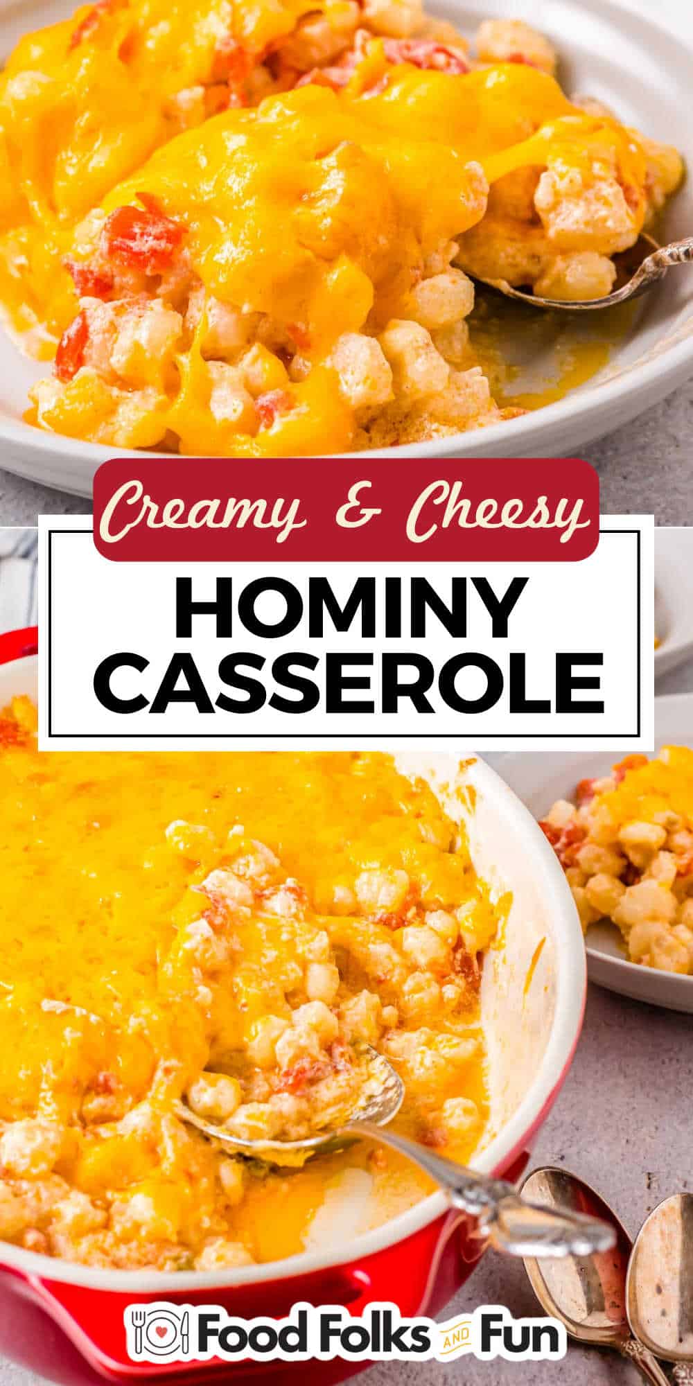 This Hominy Casserole is a versatile side dish that can be served with Mexican dishes and other savory dishes. It’s buttery, cheesy, and has a hint of spice, perfect for any gathering! via @foodfolksandfun