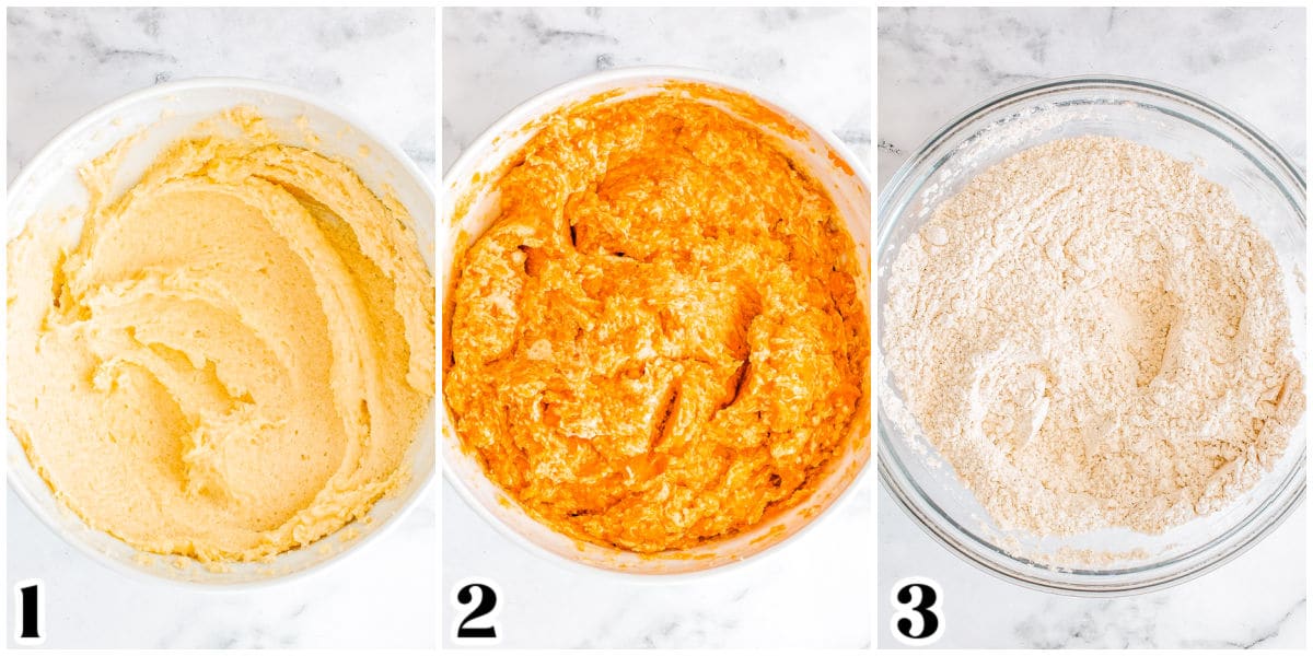 The wet ingredients beat together and the dry ingredients whisked together in a bowl.