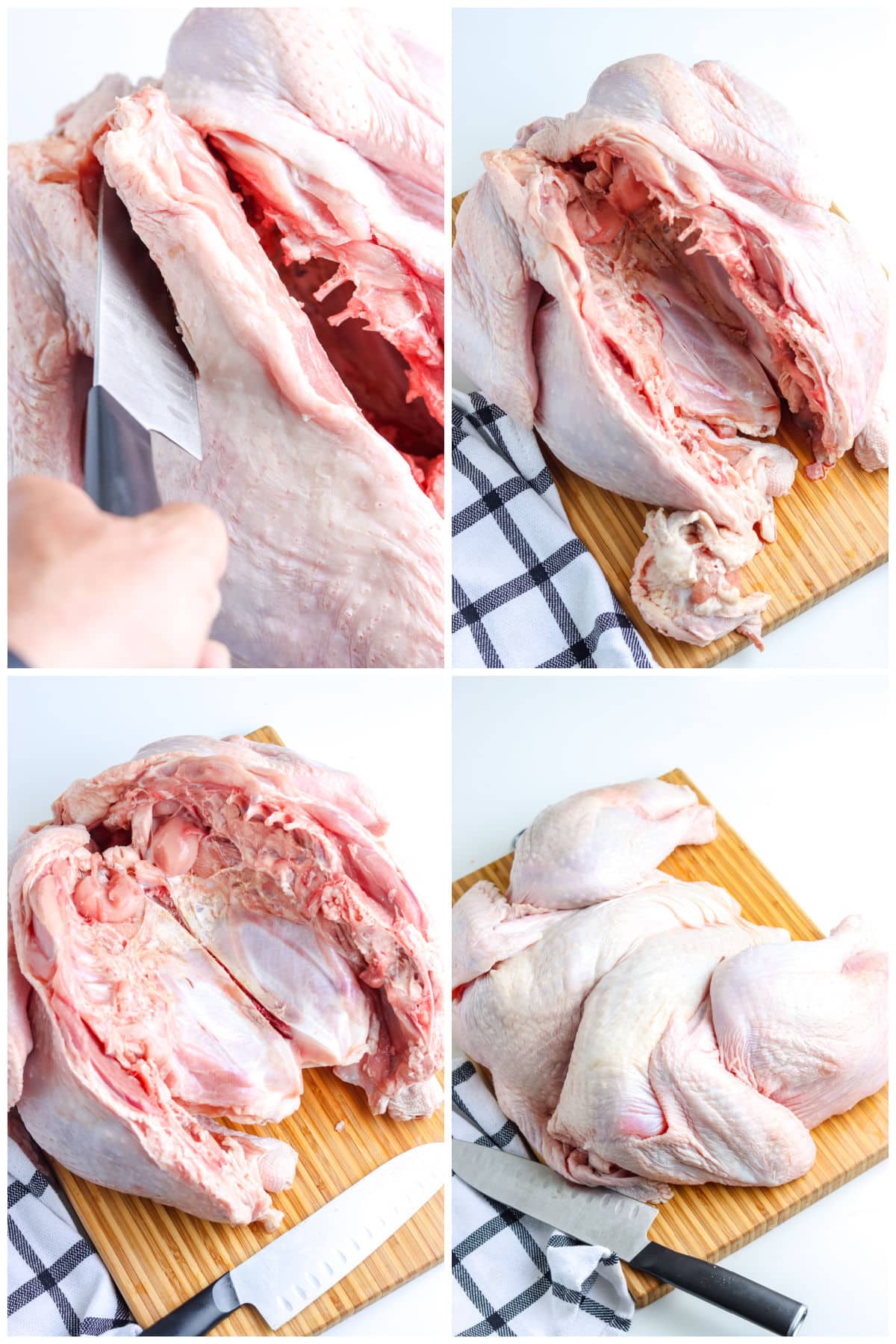 A picture collage showing how to spatchcock a turkey.