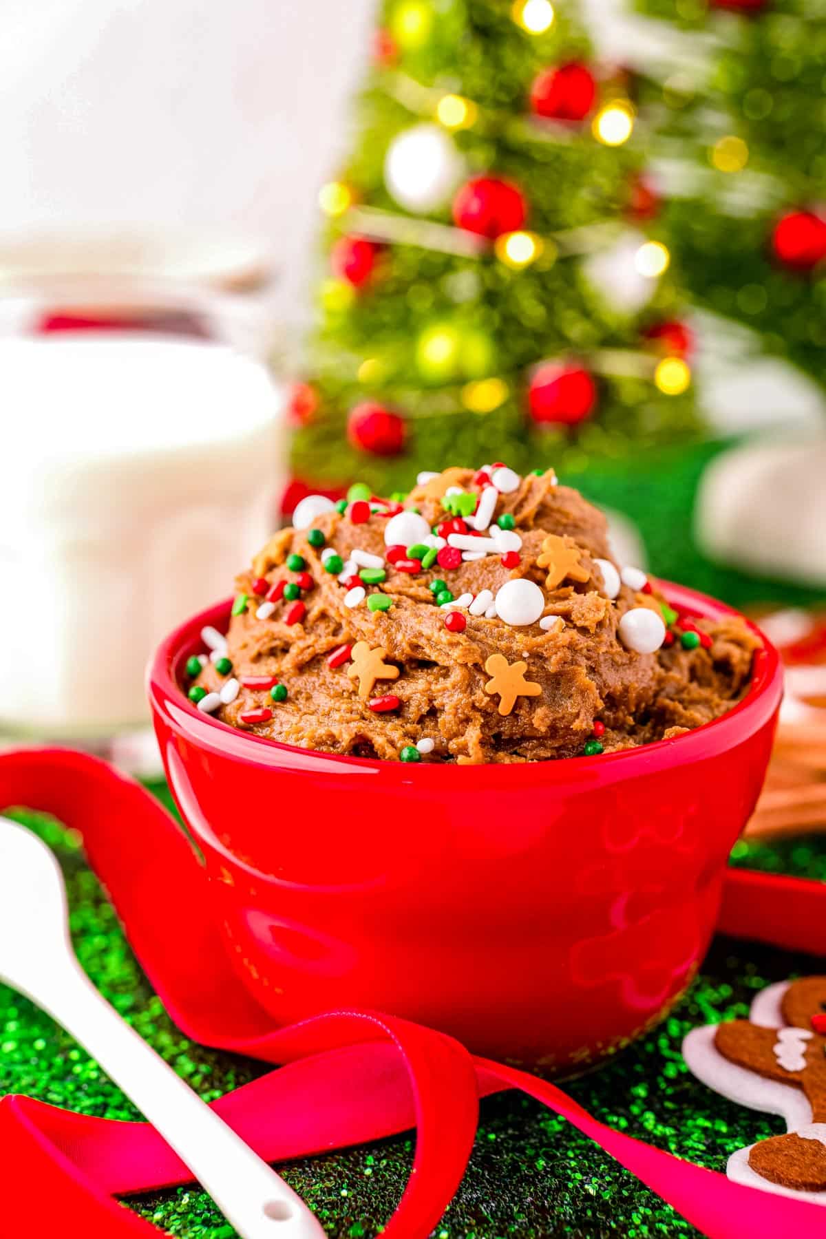 The finished Edible Gingerbread Cookie Dough in a red bowl. 