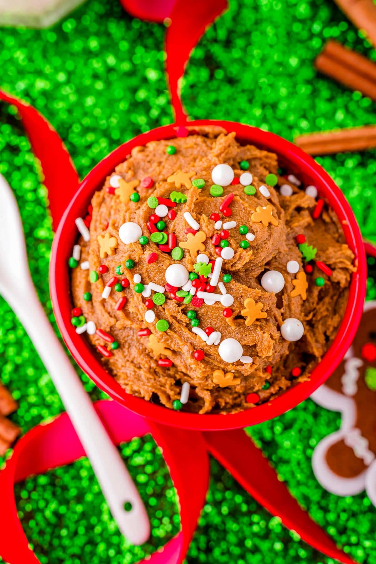 An overhead picture of the finished Edible Gingerbread Cookie Dough in a red serving bowl.