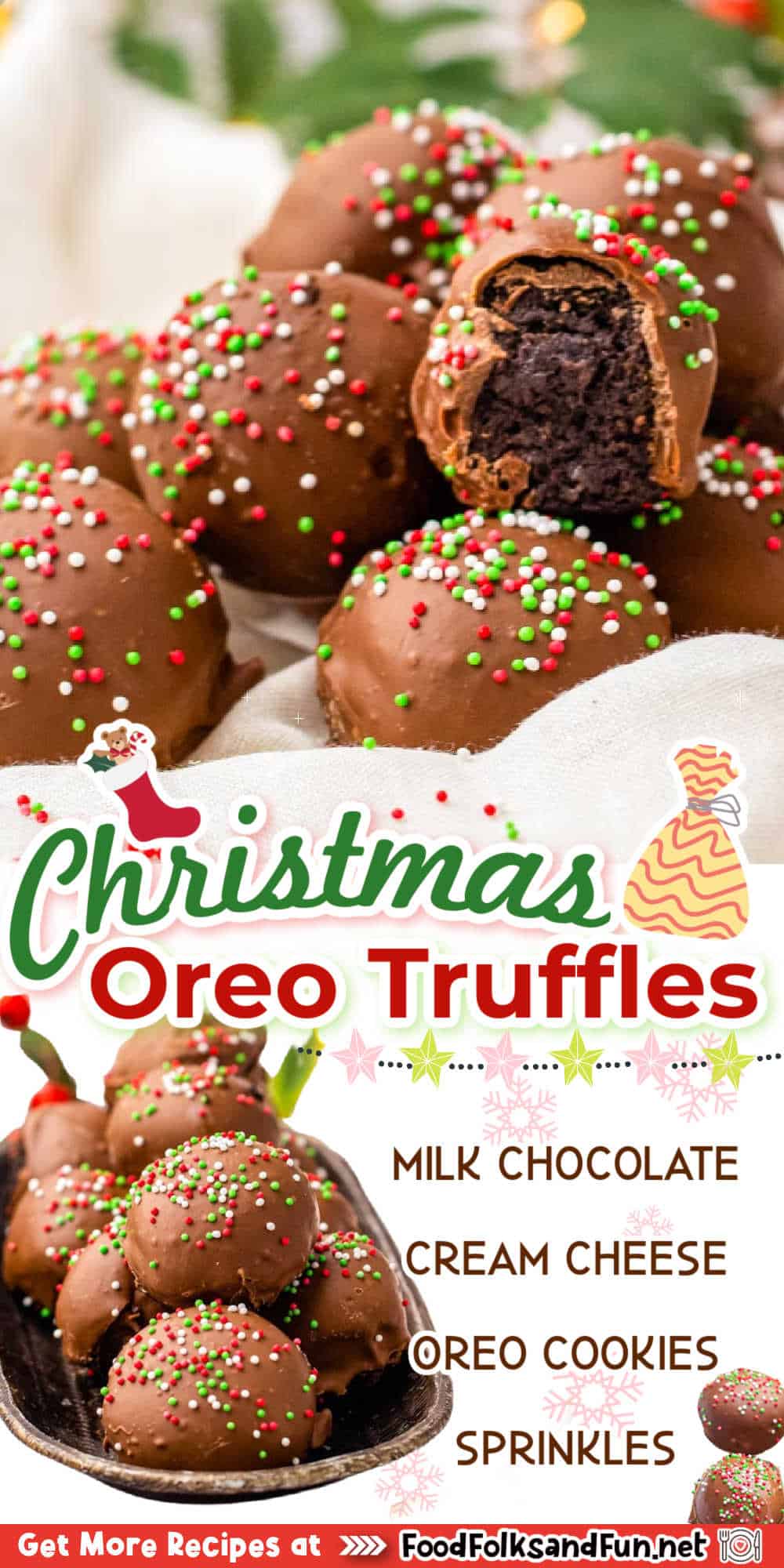 These Christmas Oreo Balls are easy to make, and you only need four ingredients. They’re the perfect treat to add to your Christmas cookie trays for gifting and parties. via @foodfolksandfun