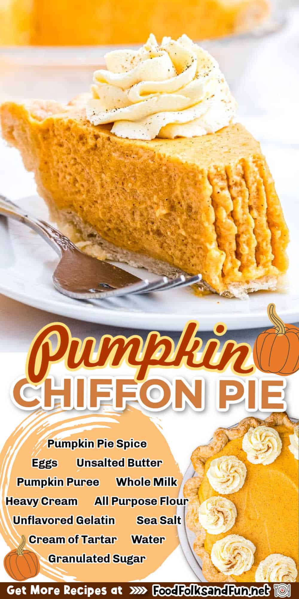 Pumpkin Chiffon Pie has a light, airy pumpkin filling, flaky pie crust, and it’s finished with homemade whipped cream. via @foodfolksandfun