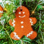A cinnamon gingerbread man ornament on a Christmas tree branch.
