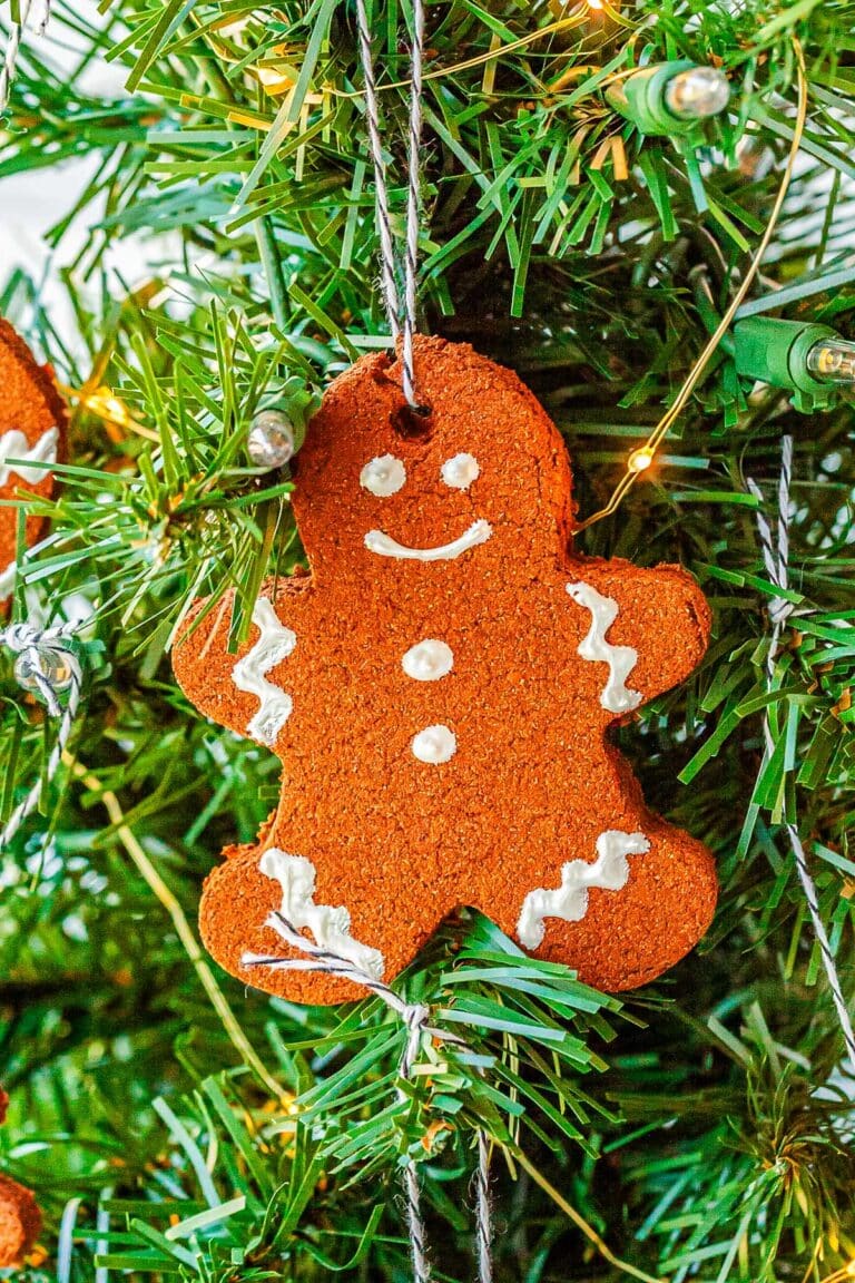 A gingerbread cinnamon ornament hanging from a Christmas tree.