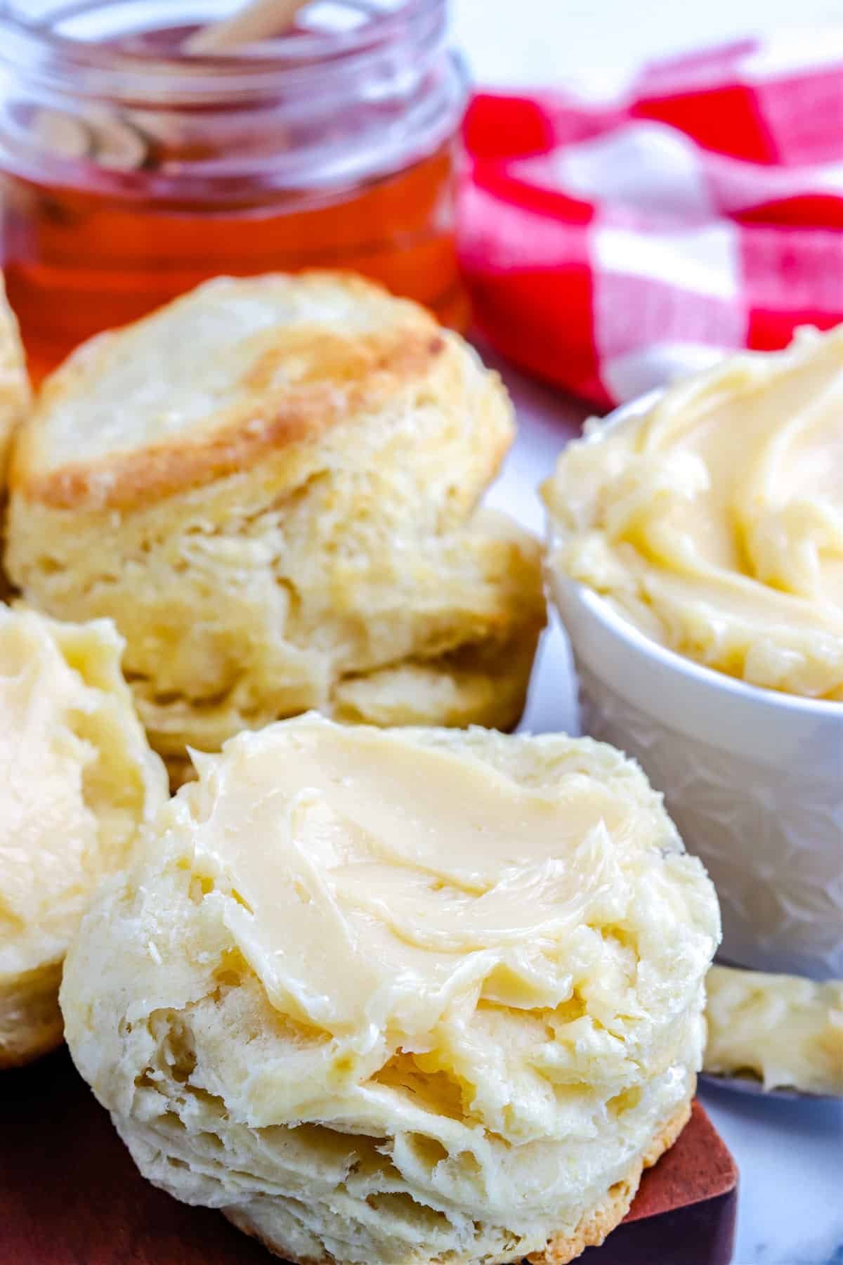 Honey Whipped Butter spread on biscuits.