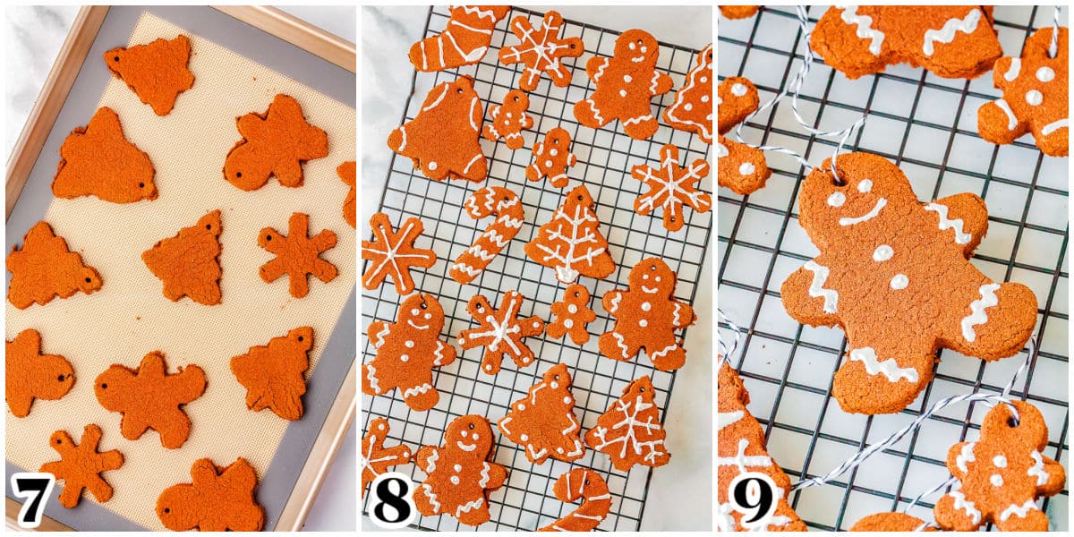 The cinnamon ornaments after baking and then decorated with white puffy paint.